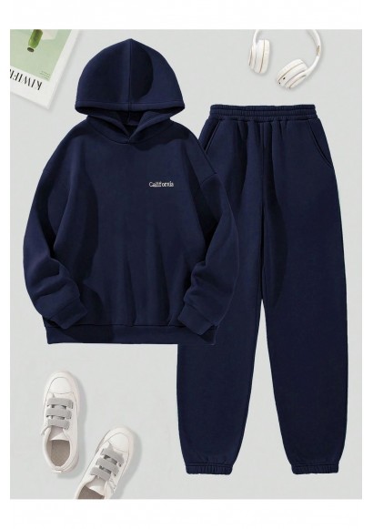 Kaliforniya Yazılı Eşofman Dəsti Sweatshirt Jogger - Tünd-Göy rəngli çaplı iri ölçülü qapaqlı kapüşon