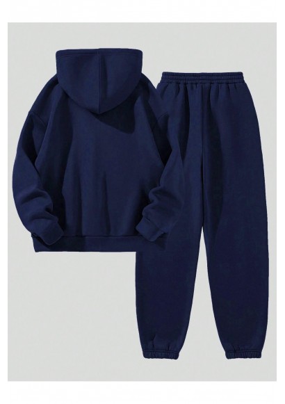 Kaliforniya Yazılı Eşofman Dəsti Sweatshirt Jogger - Tünd-Göy rəngli çaplı iri ölçülü qapaqlı kapüşon