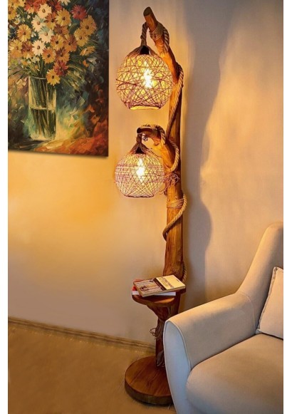 Döşəmə Lampası Təbii Taxta Yalıkavak Seriyası 140 sm Qoşa Kürə İşıqlandırma