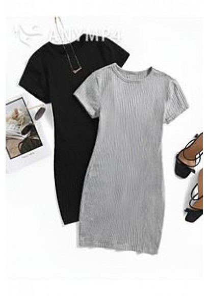 Qadın 2 Ədəd Qısaqol Yay Kadife Likralı Sadə Əlbisə