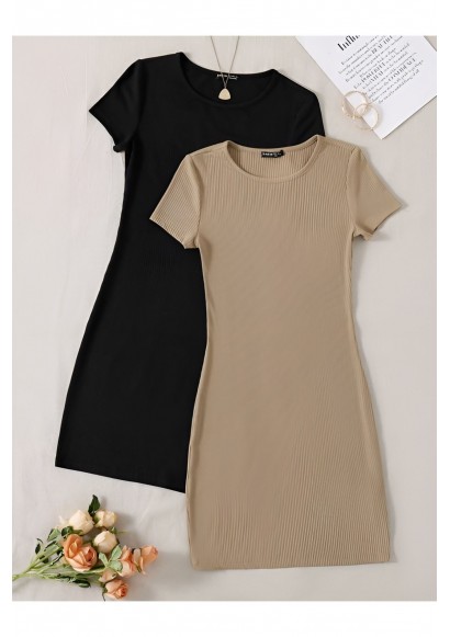 Qadın 2 Ədəd Qısaqol Yay Kadife Likralı Sadə Əlbisə