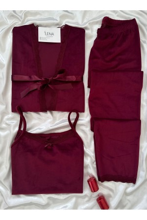 Bordo məxmər xalatlı qadın pijama dəsti