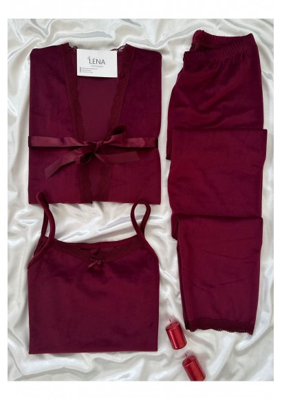 Bordo məxmər xalatlı qadın pijama dəsti